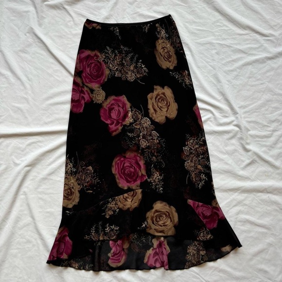 vintage black and magenta floral ruffle maxi skirt with glitter sequin details - Picture 3 of 5